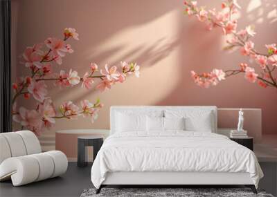 A minimal and elegant background for product presentation with two round podiums, a soft peach color tone, blurred shadows. Wall mural