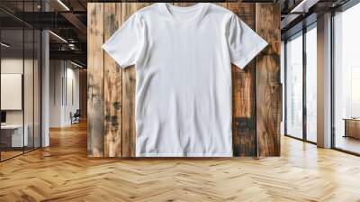 plain oversized white t shirt for mockups photorealistic on wood table, top view Wall mural