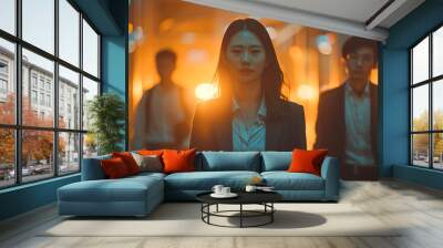 Night, tablet and business people walking in office after finishing work task. Tech, overtime and Asian woman with group of friends going home after working late on sales project in dark workplace Wall mural