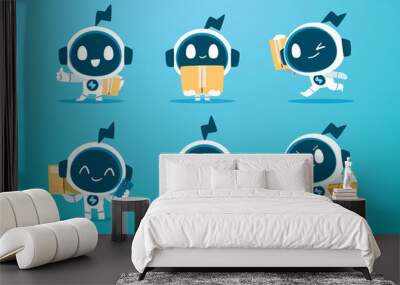 set of white modern robot mascot character delivery object Wall mural