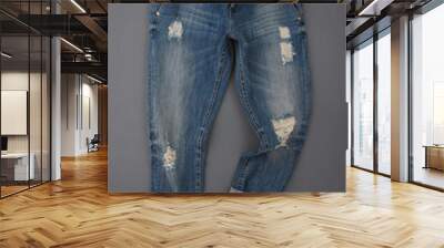 fashionable denim pants on grey background, top view Wall mural