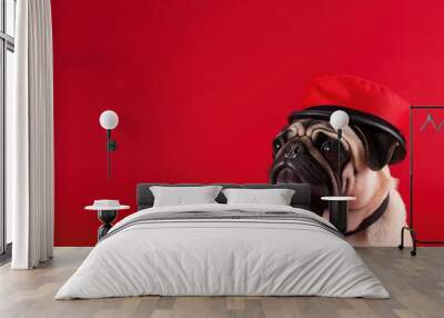 Pug dog on red background with copy space (Generative AI) Wall mural