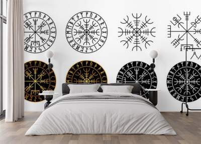 Ancient runic symbols. Viking Compass or Compass Vegvisir and  Helm of Awe or Helm of Terror in different design variation. Wall mural