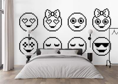 Set of emoticons in pixel art style on white background Wall mural