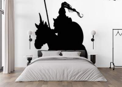  Silhouette of a Knight in a helmet with a shield and a flag, riding on an armored horse with a horn on his head. 2D illustration . Wall mural