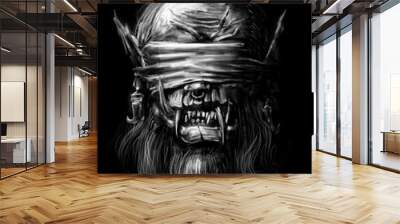 A battle-scarred, toothy Orc with a bandaged head, many scars on his face, and an ominous grimace . 2D illustration Wall mural