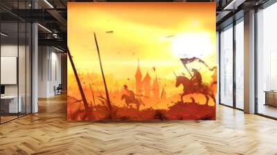 A battlefield with wounded, defeated knights, those who survived are sitting exhausted, spear fragments and bloodthirsty feasting crows are everywhere, behind a bright sunset with castles and. 2d art Wall mural