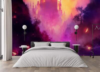 A beautiful fairytale landscape in pink shades, with a river in the foreground, and a huge tall castle in the distance, with many towers, it is shrouded in fog, we see a crescent moon in the sky. 2d Wall mural