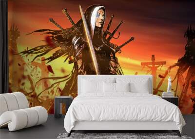 A beautiful punisher nun in black and white clothes with a two-handed sword in her hands stands in the middle of a battlefield with crucified kings, in the golden rays of the setting sun 2d comic art Wall mural