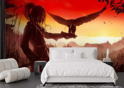 A beautiful young Japanese samurai girl stands peacefully against the background of a sunset with mountains and a temple in a kimono, holding one hand on a katana, in the second she has a falcon. Wall mural