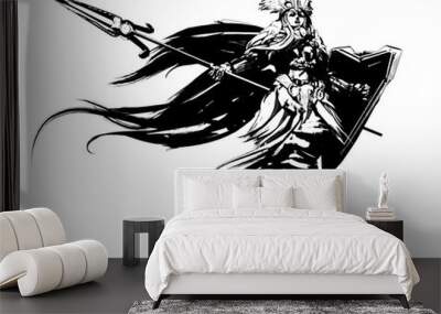 A beautiful young Valkyrie hovers in the air and screams while holding a weapon and shield in her hands Wall mural