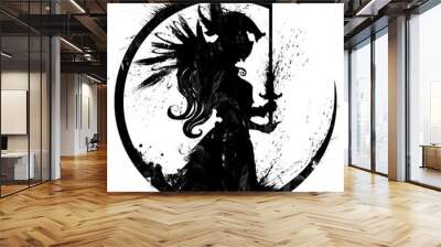 A blotted silhouette of a praying Valkyrie with a sword in her hands. 2D illustration. Wall mural