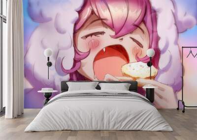 A charming sweet girl is selflessly going to eat a cupcake that she carefully holds with her little hands, she has pink hair, blush on her cheeks and a fluffy panda bear costume. 2d anime sketch art Wall mural