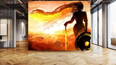 A feminine silhouette of a knight girl with a shield on which a crescent moon and a golden glowing sword, she has long magical hair, against the background of a bright sunset. 2d oil illustration Wall mural