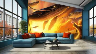 A flock of huge air magic whales swims through the air, against the background of a bright orange sunset, a cute girl with bright golden hair in a yellow raincoat waves to them from below. 2d art Wall mural