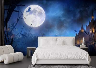 A mystical fairy-tale landscape of a night sinister kingdom with a huge moon, a blue night starry sky, a swamp in the foreground and large castles with glowing windows in the second. 2d illustration. Wall mural