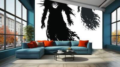 A sinister black silhouette of a hooded flying spirit in spiked armor with a round hole in his chest hovers in the air, his clawed fingers tense and a ragged cloak flutters in the wind. 2d art Wall mural