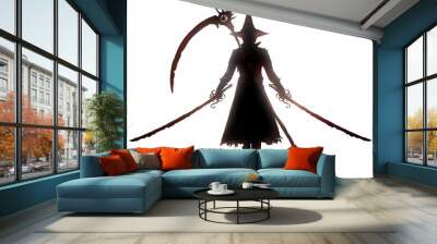 A sinister black silhouette of a warrior with two rusty jagged sabers and a scythe on his back is slowly walking forward, a pointed hat on his head, he is wearing a long coat and boots. 2d art Wall mural