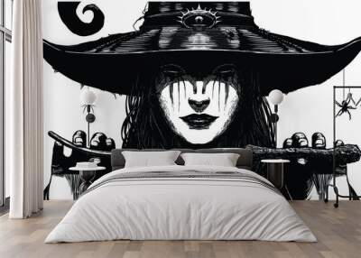 A sinister witch in a big black hat with a ponytail, holding a curved magic wand in her thin fingers, darkness in her eyes, creepy tautirovki on her face, and spiders running around her body. 2d art Wall mural