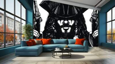 A smiling bearded pirate with two pistols in his hands, evil smiling hiding his face in the shadow of a hat, he has long black hair with a lot of talismans and baubles woven into them. 2d comic art Wall mural