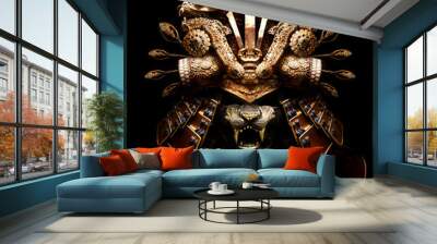 A terrifying Golden samurai helmet with a tiger mask with sharp fangs, many beautiful patterns and interlaces on the helmet, two dragons on each side. On a black background. Wall mural