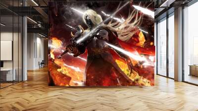 a warrior with a glowing unicorn horn in his head stands in the middle of a fire with a sword, he ha Wall mural