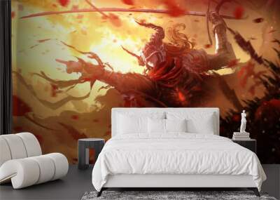 beautiful valkyrie in plate armor with long saber and a horned helmet orders nature and the wind to go into battle on her side with a finger gesture, hundreds of red petals fly at her command. 2d art Wall mural