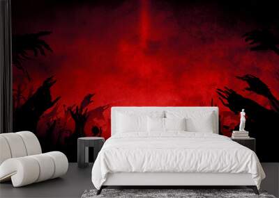 Black silhouettes of sinister undead hands rising from the ground, bony and fleshy, whole and broken, they reach for the sky. On a blood-red dark background with fog and sunrise on the horizon. 2d art Wall mural