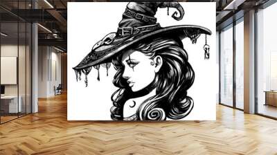 Charming witch in a big fancy hat Wall mural