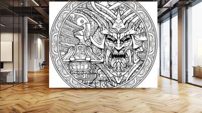 Coloring page for adults, sinister samurai mask. Wall mural