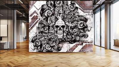 Graffiti on the brick wall of the skull plastered in thousands of tentacles Wall mural