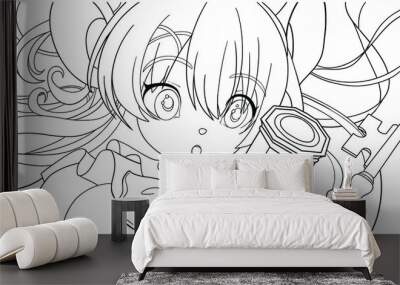 Linear coloring book with a beautiful girl mouse in style, she has round ears, cute bangs with a ribbon cross, she looks with surprise and curiosity at the octahedral artifact in her hand. 2d art Wall mural