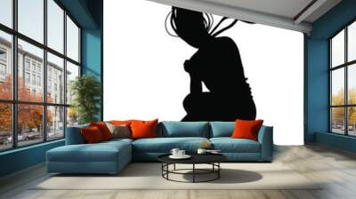 Silhouette of a Girl floating in the air without clothes, confused clenched in a ball, her hair and scarf flow beautifully up. 2D illustration. Wall mural