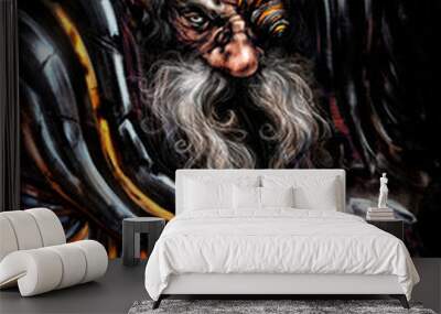 The battle-hardened old gnome with a gray mustache looks menacingly at the viewer, leaning his hands on the hilt of his weapon, wearing plate armor. 2d illustration Wall mural