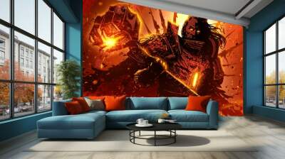 the brutal cleric is an old man, in heavy, magical, plate armor with patterns and sparks of magic, h Wall mural