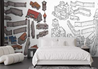 The fantasy city constructor with houses, walls, towers, castles and gates is made in a chaotic style without a clear structure, which makes the constructor more man-made. 2d art white background. Wall mural