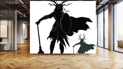 The silhouette of a female knight, she is a guardian of the forest with huge horns on her head, she has a heavy mace, shield, and cloak, she looks directly at the viewer with aggression and disbelief. Wall mural