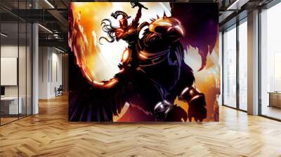 The silhouette of a knight rider with a sword, riding a Griffin with huge spread wings, rushing to the attack, making a leadership gesture of appeal . Against the background of snowy mountains . Wall mural