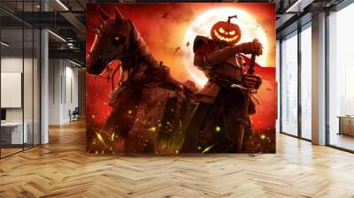 The sinister pumpkin knight stands proudly in the night moon field leaning on a two-handed sword, next to him is his faithful demonic horse in plate armor, fireflies are flying around. 3d rendering Wall mural