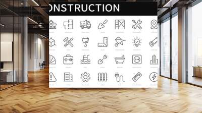 Construction thin line icons set. Builder, construction, tools, house repair, build, crane icon. Vector Wall mural