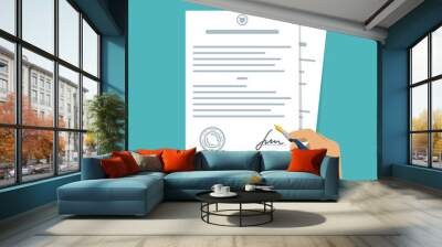 Contract-document signing. Hand signing contract simple style. Vector Wall mural