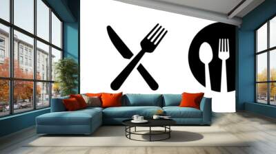 Fork, knife, plate and spoon. Menu symbol. Restaurant icon. Food, plate, fork, knife, spoon, cutlery icon set. Vector Wall mural