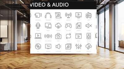 Video and Audio thin line icons set. Audio, Video editable stroke icon. Vector Wall mural