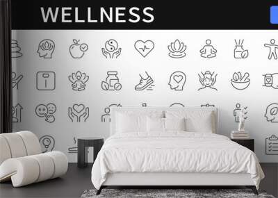 Wellness thin line icons set. Relaxation, massage, yoga, spa, meditation, health, wellbeing editable stroke icon. Vector Wall mural