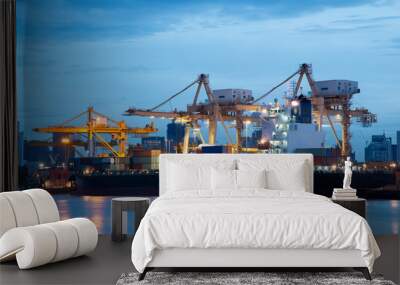 Container ship in export and import business and logistics. Shipping cargo to harbor by crane. Water transport International.- Image Wall mural