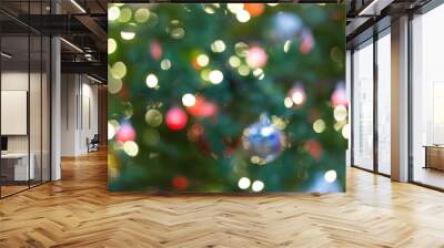 colorful red, yellow and green christmas tree bokeh background of de focused glittering lights, Wall mural