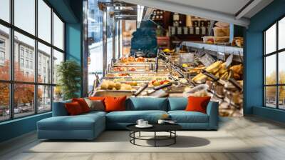 View of a food showcase of a caterer at the market hall Wall mural