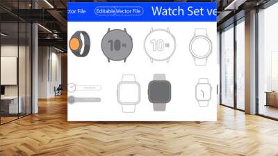 Smart Watch wrist vector outline set icon. Isolated outline set icon wristwatch. Vector illustration clock on white background. Apple watch wireframe icons isolated on white background. Outline Apple  Wall mural