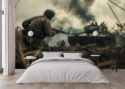 Soldier Preparing to Engage Enemy Tank on Battlefield
 Wall mural