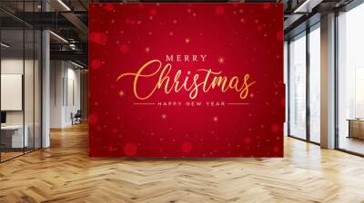 Merry Christmas and Happy new year banner with golden color text. Happy Xmas Winter snowflakes red background. Wall mural